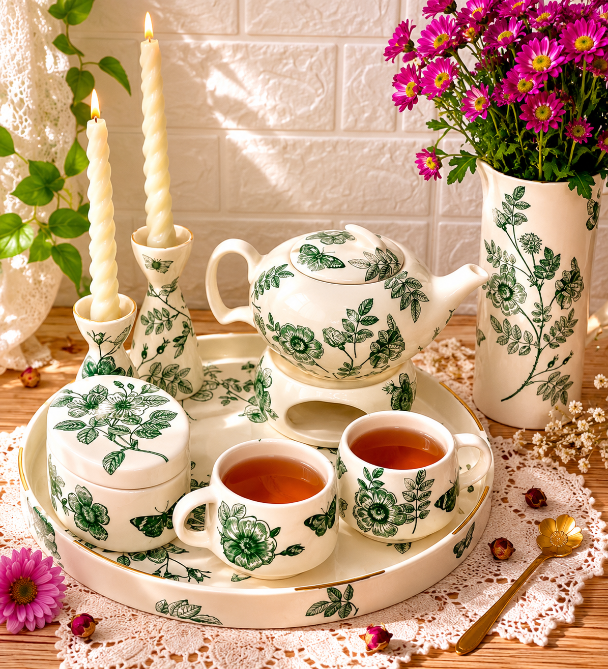 سرویس چای خوری دو نفره پروانه سبز ۱۰تکه